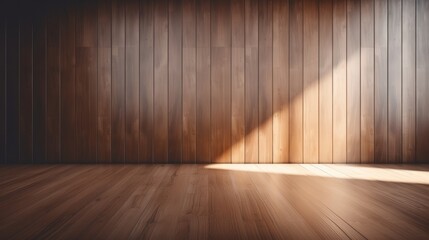 Minimal interior design background with sunlit wood laminate floor and shadow on dark wooden wall panel ing (1)