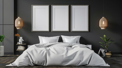 A mockup of blank poster frames on the wall above bed in a dark grey room.
