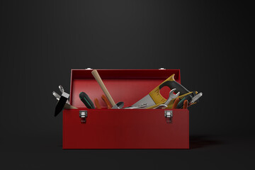 Red toolbox with tools on dark background