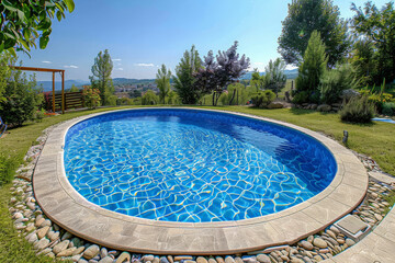 A swimming pool is encircled by a stone walkway, providing a firm pathway around the waters edge