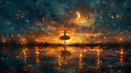 The silhouette of a ballerina dancing with fireflies against the crescent moon is an illustration painting with a digital art style - obrazy, fototapety, plakaty
