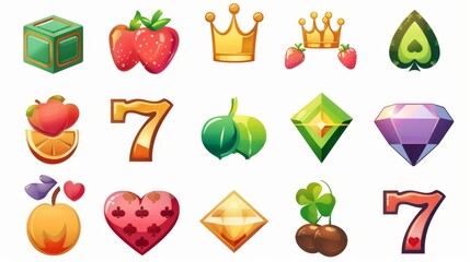 Casino slot machine symbols. Modern cartoon set of fruits, play cards, lucky clover, number 7, diamond, and bar symbols.
