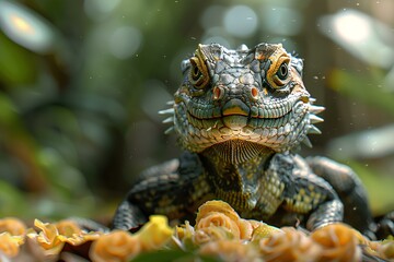 Fototapeta premium A lizard sitting on top of a pile of flowers