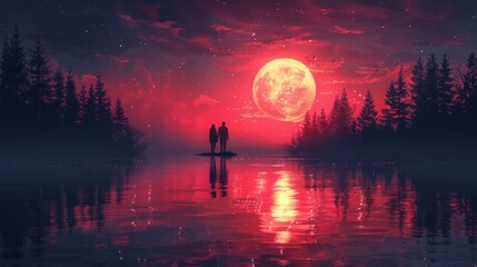 Naklejka premium A young couple gazes at a mysterious light in the night sky, in an illustration style, digital art