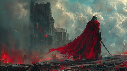 Digital illustration painting of a knight with twin swords standing on rubble of a burned city - obrazy, fototapety, plakaty