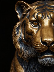 Naklejka premium gold tiger statue on plain black background close-up portrait from Generative AI