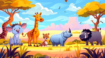 Symbolic modern illustration of giraffe, cheetah, rhino, hippo, hyena, wildebeest and savannah landscape with sand, tree, and grass.