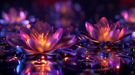 Illuminated Neon Lotus Flowers on Reflective Water Surface.