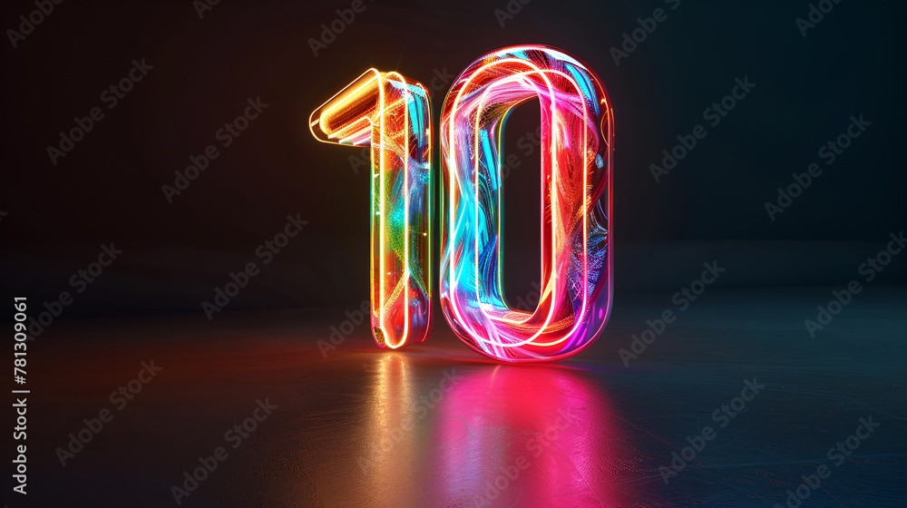 Poster 3d render, abstract sparkling linear number ten, glowing digit 10 isolated on black background