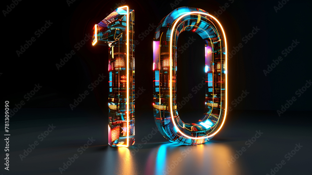 Poster 3d render, abstract sparkling linear number ten, glowing digit 10 isolated on black background
