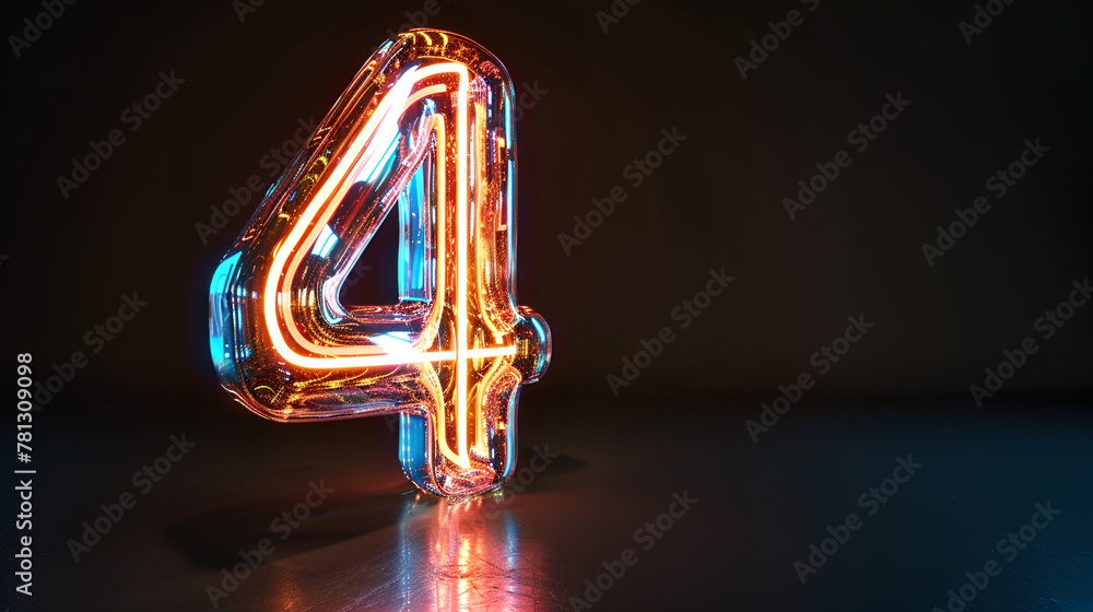 Poster 3d render, abstract sparkling linear number four, glowing digit 4 isolated on black background