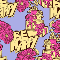Gift box, ribbon and flowers seamless pattern for wrapping present with bow, party celebration, sale promotion, Textile print, fabric design, banner background. Hand drawn illustration cartoon style.