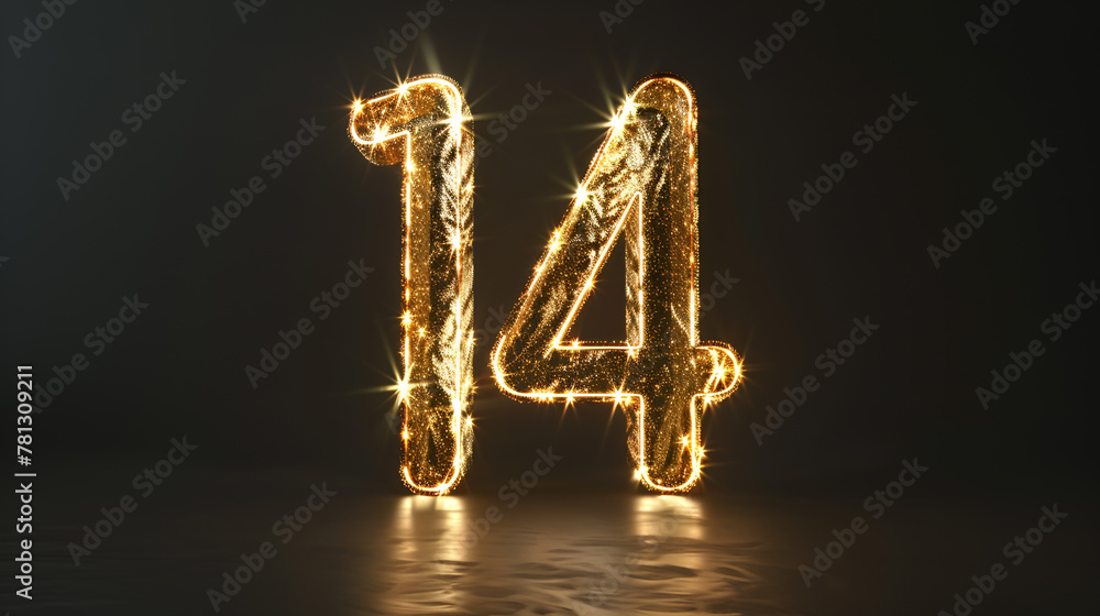 Poster 3d render, abstract sparkling linear number one and four, glowing digit 14 isolated on black backgro
