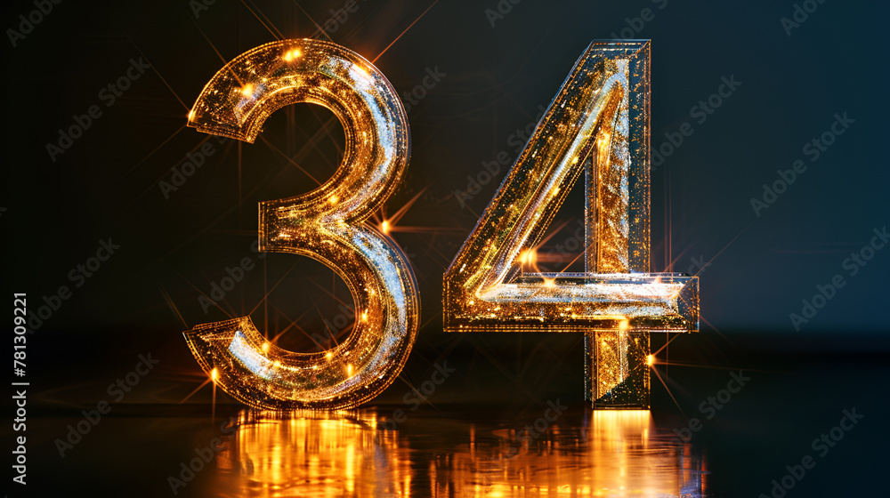 Poster 3d render, abstract sparkling linear number three, and four glowing digit 34 isolated on black backg