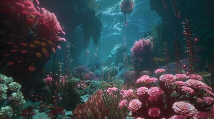 Enchanting Underwater Seascape with Colorful Coral Reefs. - obrazy, fototapety, plakaty