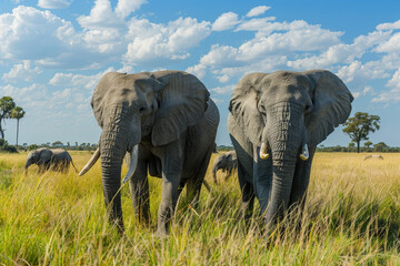 A group of elephants, large mammals with tusks and trunks, walking across a vibrant green grass field under a clear sky
