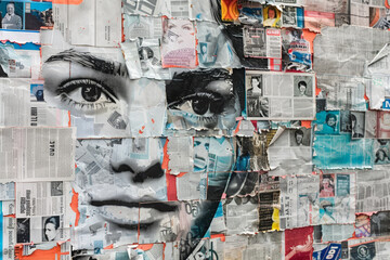 A collage of newspapers featuring a womans face, created through the arrangement of various newspaper clippings