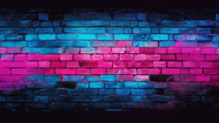 Brick wall background with neon lighting effect pink purple and blue. glowing lights on empty brick wall background