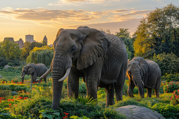 A group of elephants, also known as a herd, walk gracefully across a lush green field in their...