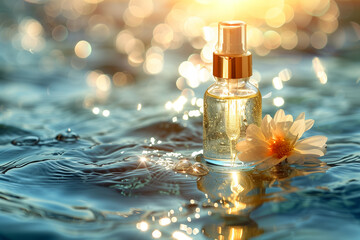 Background for the image of a bottle with serum surrounded by water with sun rays