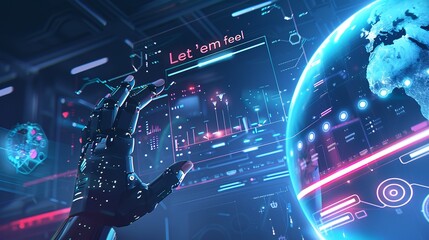A futuristic digital background featuring an AI robot hand holding up