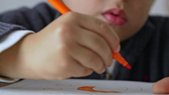Highly Concentrated Kid Filling His Drawing Book With His Colored Pen