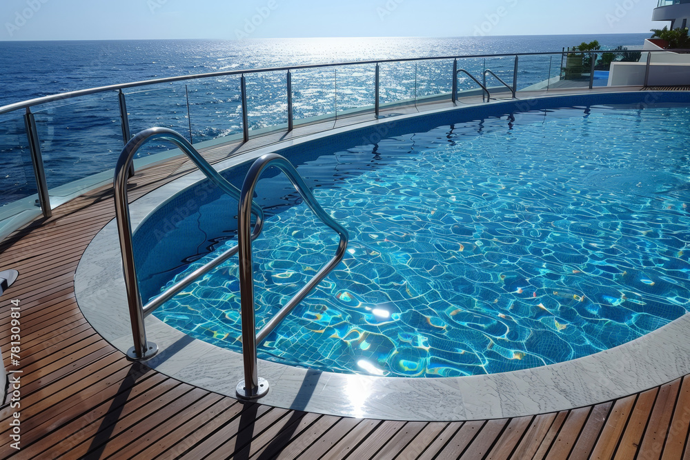 Poster a swimming pool perched on a deck overlooking the vast expanse of the ocean, creating a seamless ble