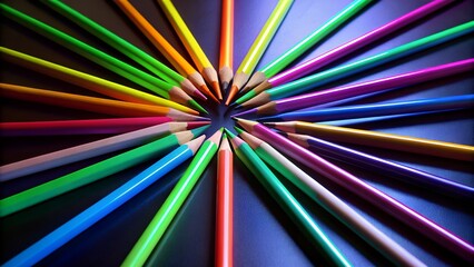 Black background, neon with colored pencils. good image quality. Colored pencils lie on a black background