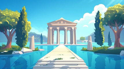 A Greek or Roman temple building with columns and pediment surrounding a summer landscape with a lake and an antique palace with pillars, cartoon illustration in modern format.