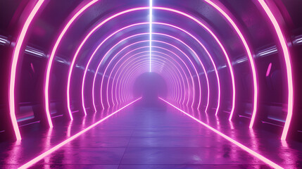 3d render, abstract panoramic background with tunnel turn. Bright purple pink neon rays and lines glowing in ultraviolet light
