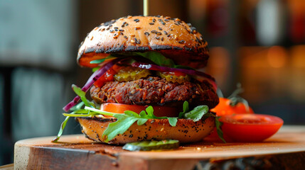 A gourmet vegan burger on a wooden block, rich in detail and color, in a restaurant setting, highlighting the appeal of plant-based cuisine. Banner. Copy space