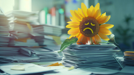 Sad and exhausted sunflower with stacks of documents on an office desk, hard work and burnout syndrome concept. - obrazy, fototapety, plakaty