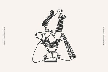 Ancient Egyptian god Osiris. God of fertility, agriculture in Ancient Egypt. A deity with a scepter and a flail in his hands. Mythical character of the ancient world, judge of the souls of the dead.