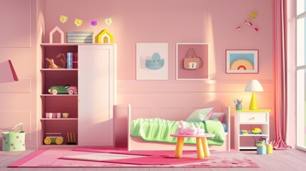 The interior of an empty kids' room is decorated with pictures on the wall, books on shelves, carpet, and a table with a tea-set, a modern illustration in a contemporary style.