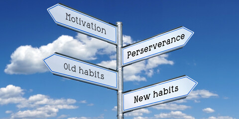 Motivation, perseverance, old habits, new habits - metal signpost with four arrows