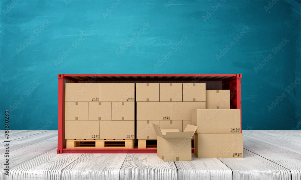 Poster 3d rendering of red shipping container filled with cardboard boxes on white wooden floor and dark tu