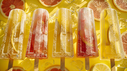 Variety of Fruit Popsicles, Frozen Summer Desserts on Ice, Refreshing Treats for Hot Days, Rustic Setting
