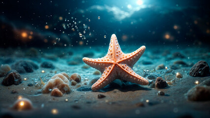 Starfish on the background of the sea and night sky