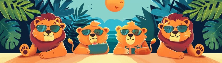 Cartoon lions wearing beach attire, snuggled warmly on a sunny day, sunglasses on, in a scene of adorable togetherness