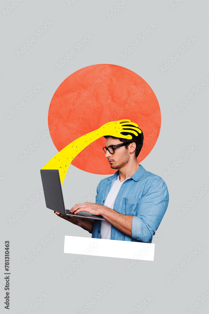 Poster vertical creative image collage young man computer user addicted social network internet surreal han