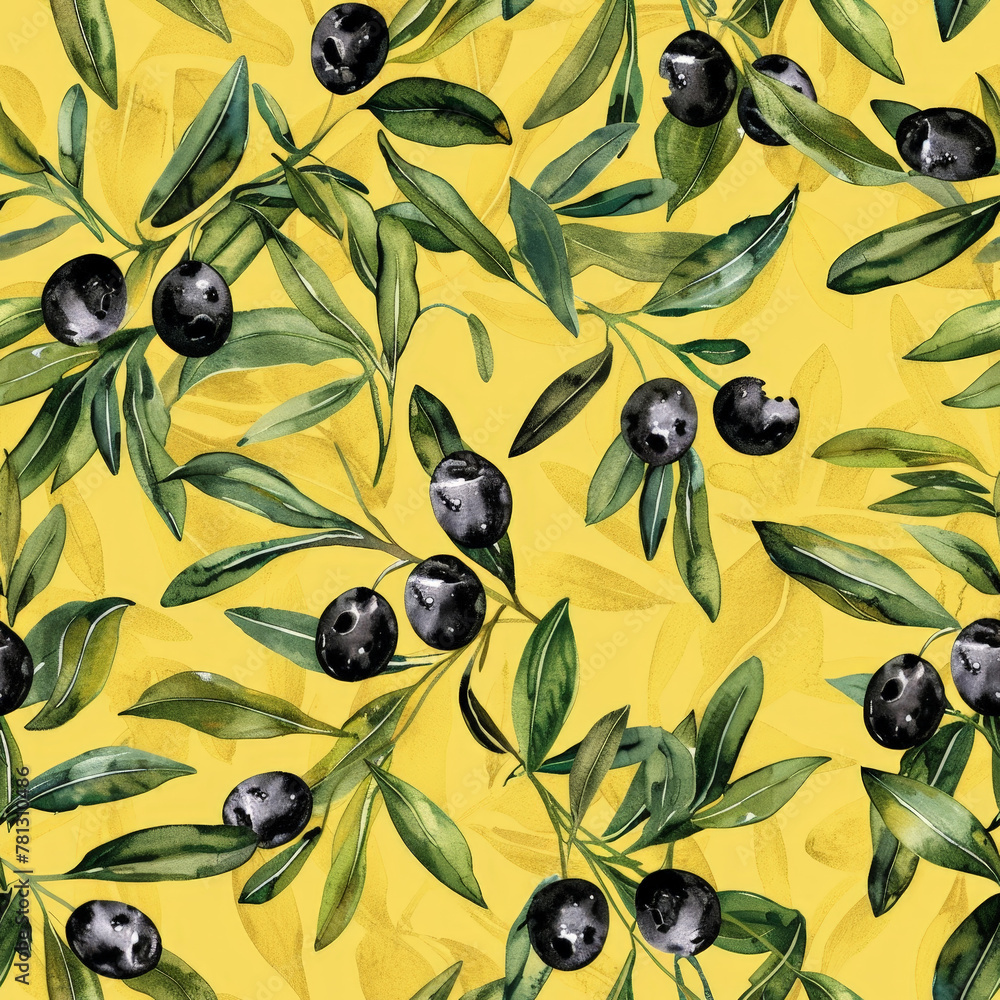 Poster A painting depicting olives and leaves in various shades of green on a vibrant yellow background