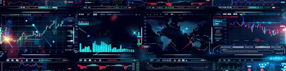 Fototapeta premium A stock market setup with multiple monitors displaying realtime business data and graphs, showcasing the digital environment of financial trading. With a softly blurred background that accentuates det