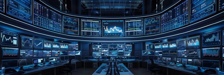 A stock market setup with multiple monitors displaying realtime business data and graphs,...