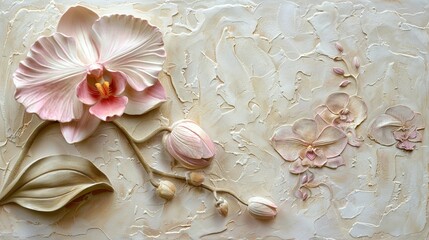 A delicate pastel pink orchid, detailed textured basrelief in the style of plaster or wood carving