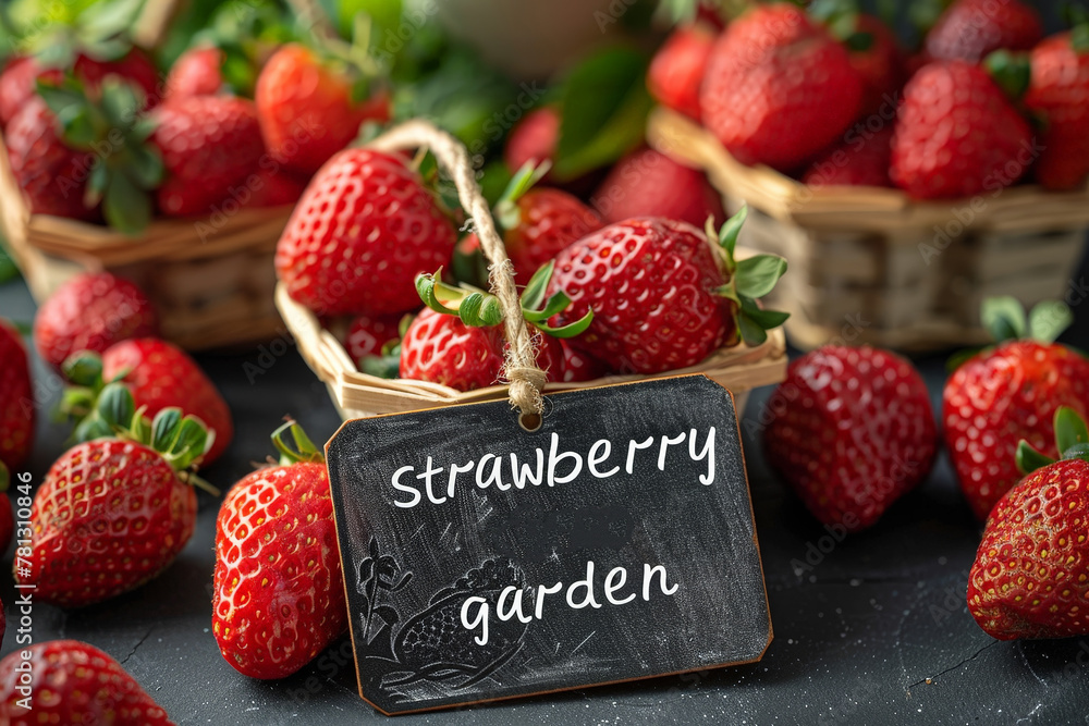 Poster a group of ripe strawberries arranged neatly on a wooden table