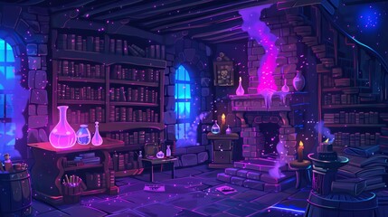 The alchemical laboratory of a witch or wizard has magic books and potions glowing with a mystic glow at night. Modern cartoon illustration of a witch or wizard's alchemical laboratory with wooden