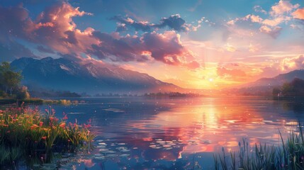 Digital painting of a beautiful lake, colored skies, and landscapes