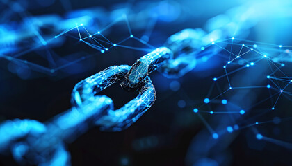 Illustration of blockchain cryptography technology with validation blocks ensures secure transactions in this banner.  - obrazy, fototapety, plakaty