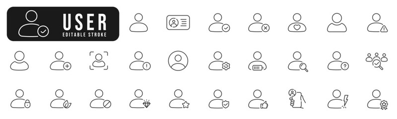 User line icon set. Avatar, social, member, person, manager, face etc. Editable stroke