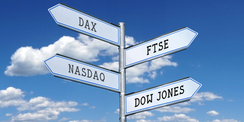 DAX, FTSE, NASDAQ, DOW JONES - metal signpost with four arrows - obrazy, fototapety, plakaty
